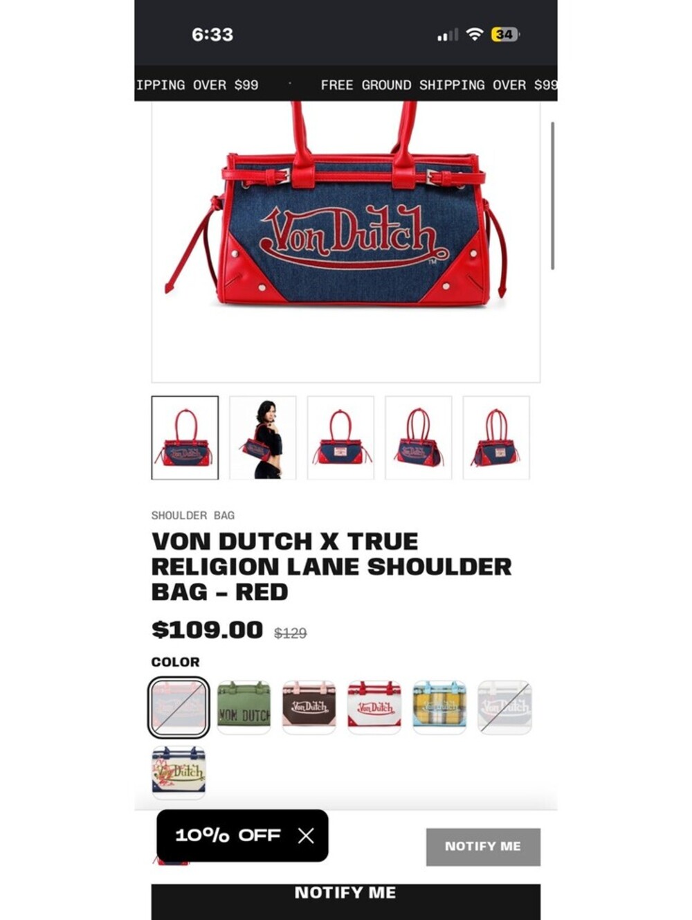 Von Dutch X True Religion Lane Shoulder Bag Red & Blue Demin NWT